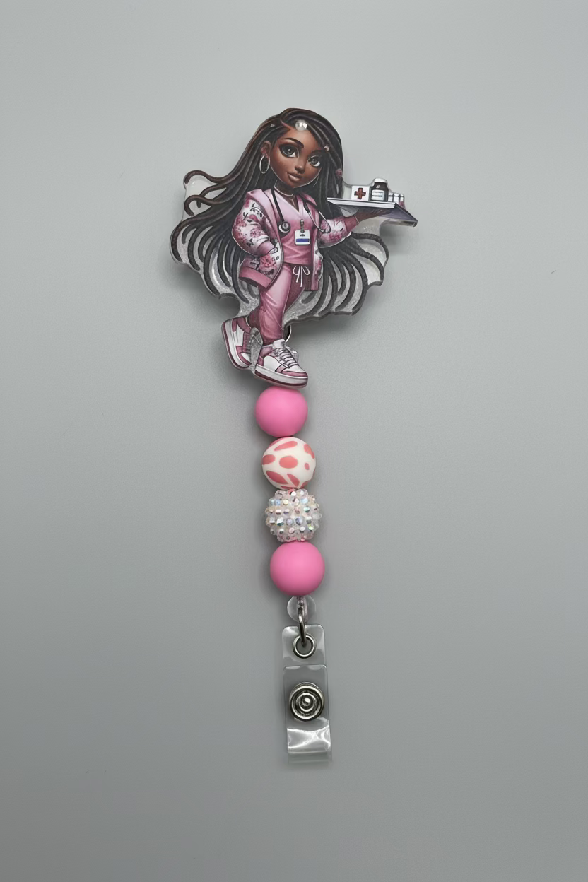 Nurse Badge Reel – Pink Scrubs, Medicine Tray & Long Braids Design