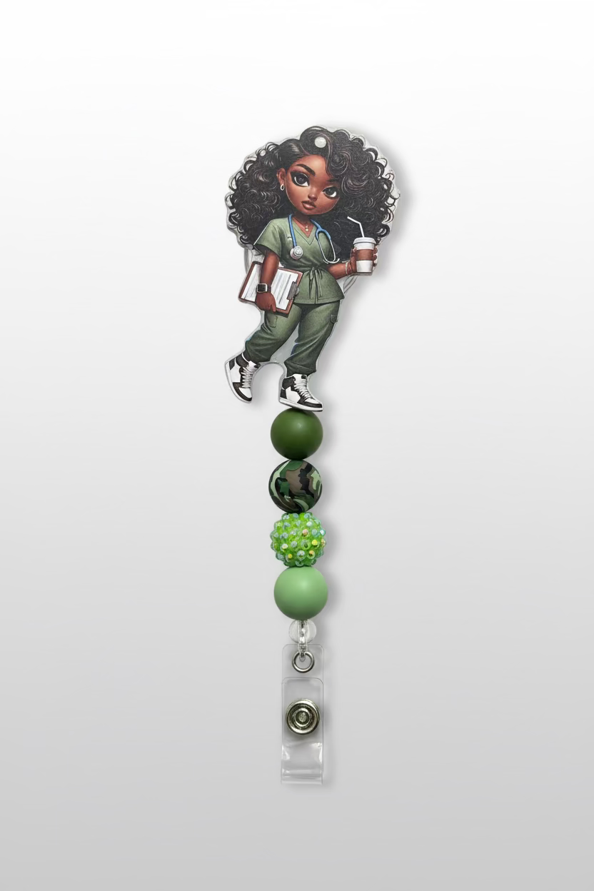 Nurse Badge Reel – Army Green Scrubs & Clipboard Design