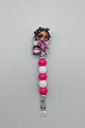 Nurse Badge Reel – Pink Scrubs, Pill Bottle & Bantu Knots Design