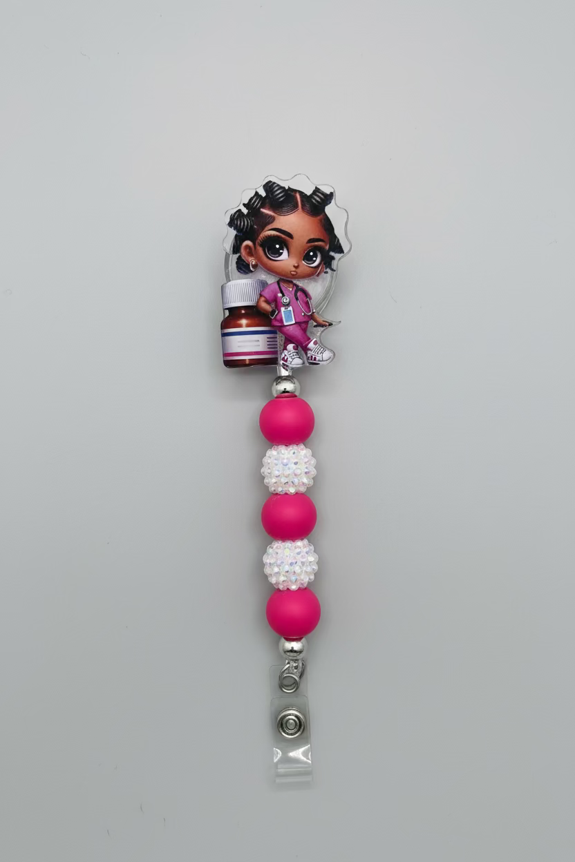 Nurse Badge Reel – Pink Scrubs, Pill Bottle & Bantu Knots Design