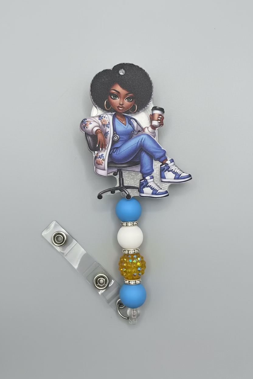 Nurse Badge Reel – Seated Afro Natural Hair Healthcare Design