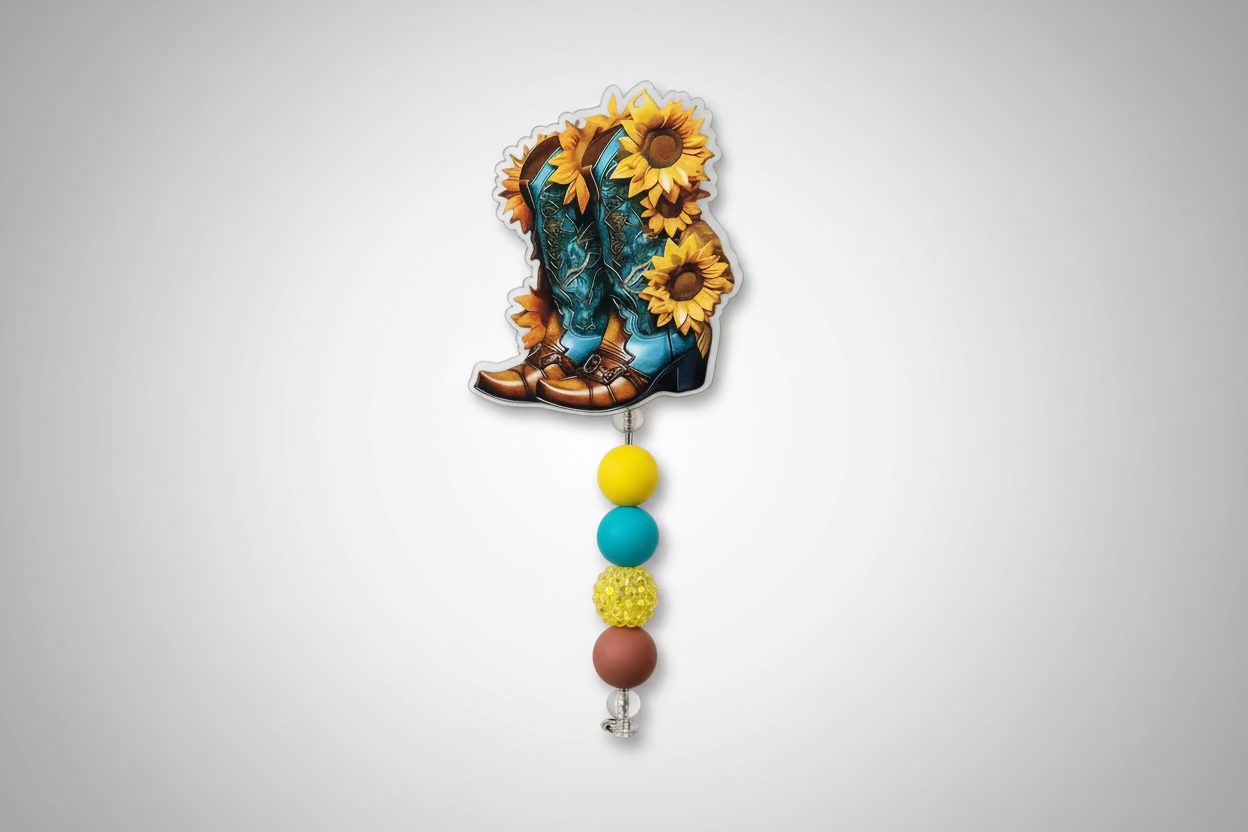 Sunflower Cowboy Boot Badge Reel – Teal Blue Western Design