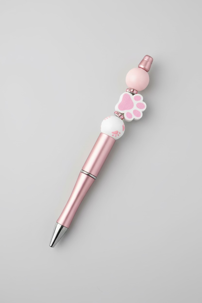 Rose Gold Ink Pen with Pink & White Paw Print Charms