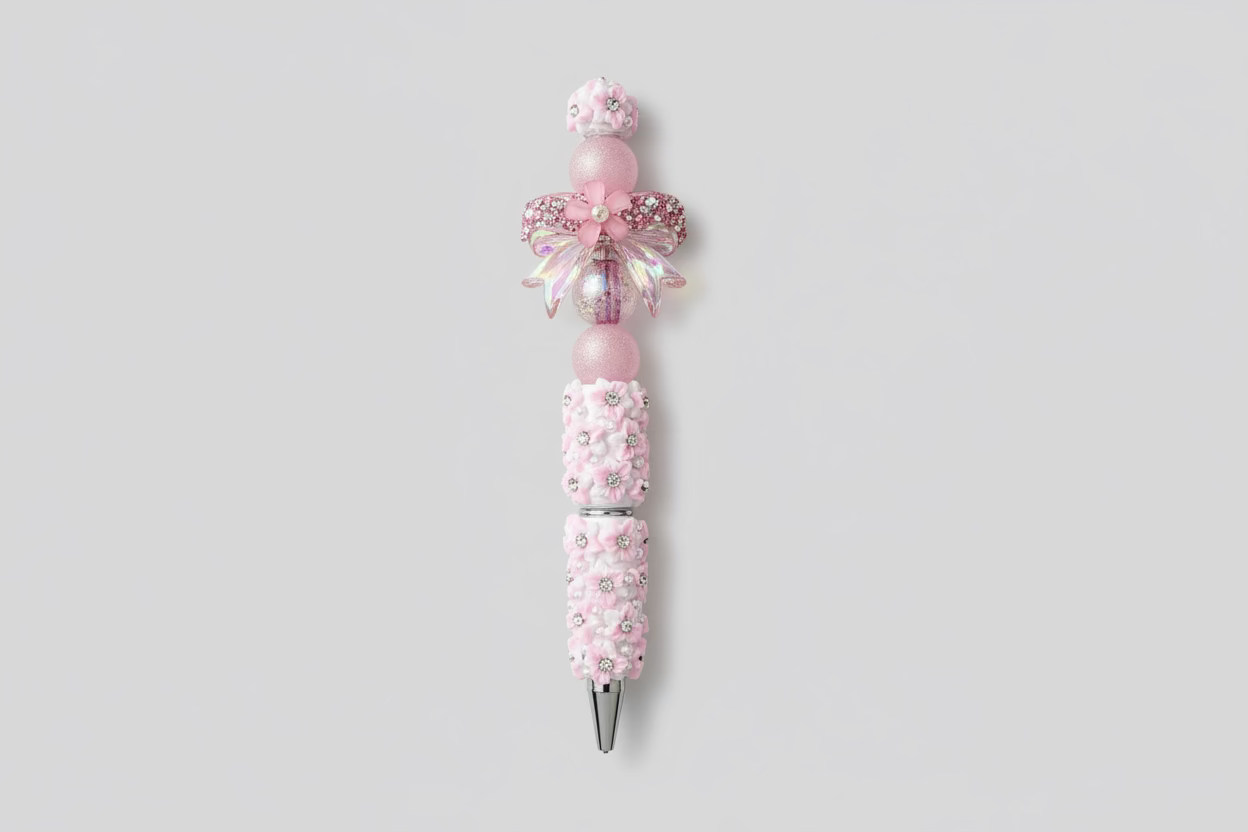 Pink & White Pattern Ink Pen with Blinged Out Pink Bow