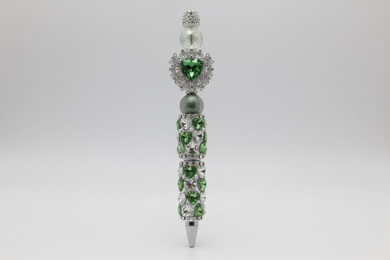 Rhinestone Blinged Out Green & Clear Heart Shape Stone Ink Pen