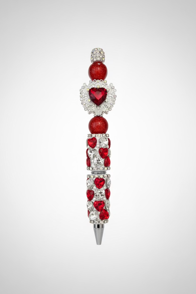 Rhinestone Red & White Heart Bling Ink Pen