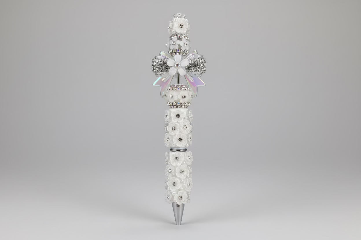 White Blinged Out Flower Pattern Ink Pen