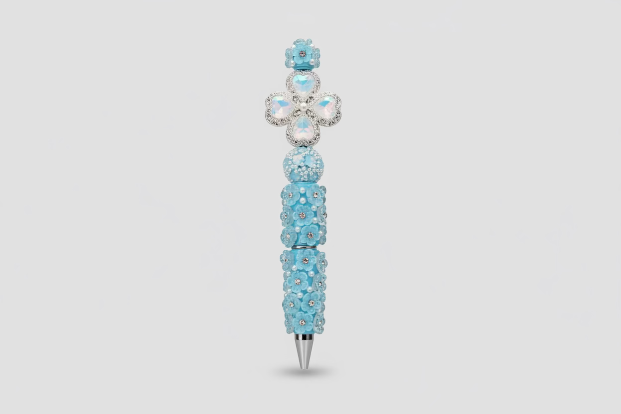 Teal Blue Heart Pattern Blinged Out Ink Pen